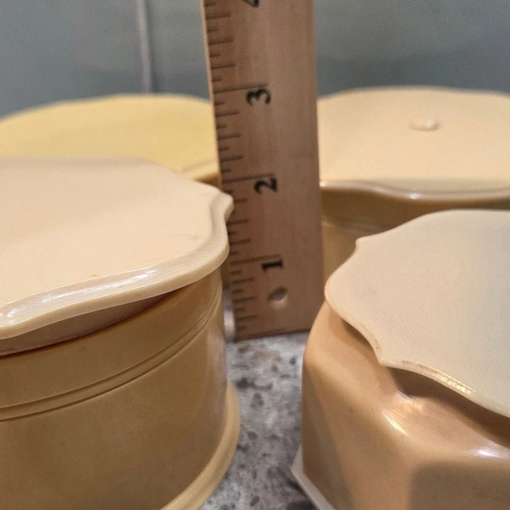 Vintage Fairfax Celluloid Vanity Boxes Cream Scalloped Art Deco Dresser Jars 4pc
